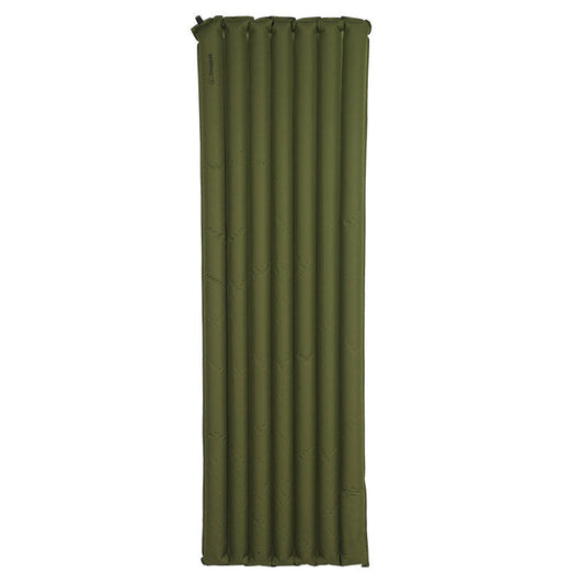 Snugpak BaseCamp Ops Air Mat with built-in foot pump in olive color showing inflated sleeping pad