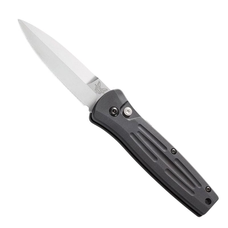 Benchmade 3551 Stimulus Auto folding knife with black aluminum handle and satin finished spear-point blade