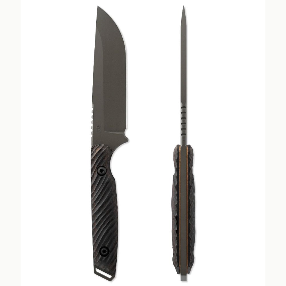 Toor Knives Field 2.0 fixed blade knife with walnut Dynamic Fluting handle and leather sheath on white background