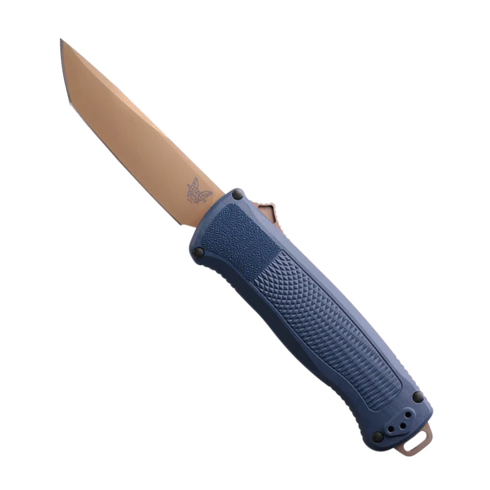 Benchmade 5370FE-01 Shootout automatic knife with blue Grivory handle and tanto blade in Flat Earth finish
