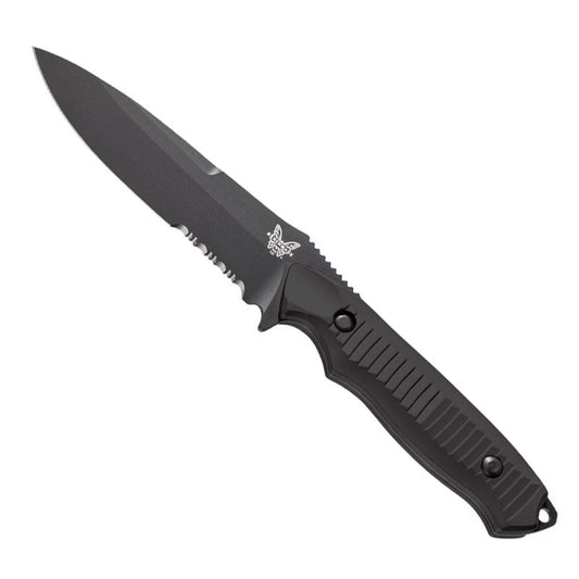 Benchmade 140SBK Nimravus black tactical fixed blade knife with serrated edge and black nylon MOLLE sheath