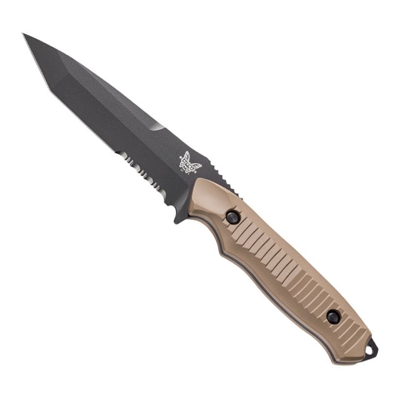Benchmade Nimravus fixed blade knife with black tanto blade, tan aluminum handle, and tan nylon MOLLE sheath