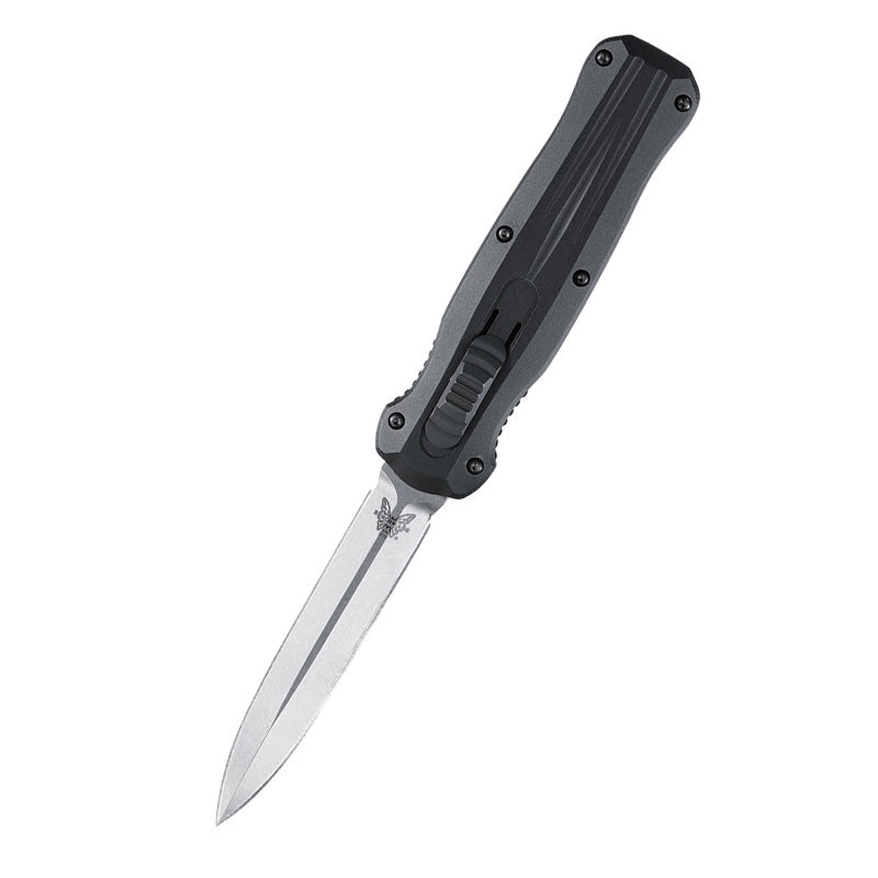 Benchmade Auto Pagan automatic knife with satin double-edge spear-point blade and aluminum handle
