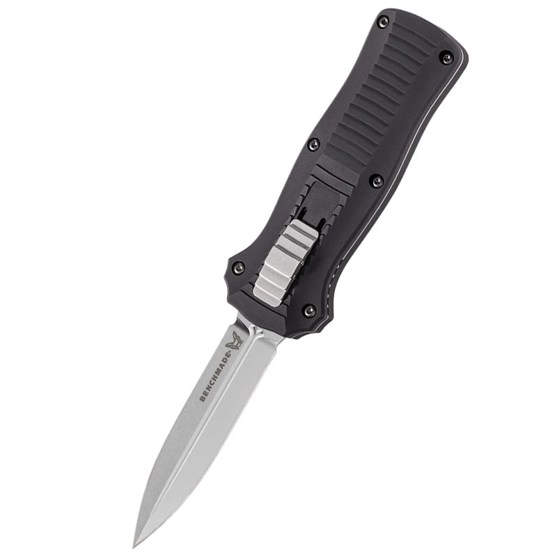 Benchmade 3350 Mini Infidel automatic out-the-front knife with satin double-edge dagger blade and aluminum handle