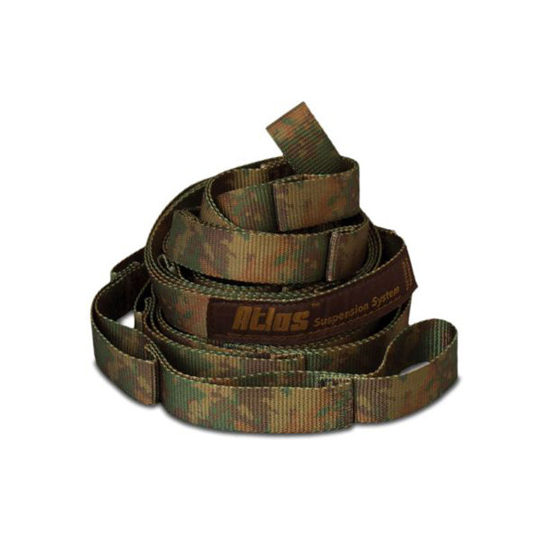ENO Atlas Camo hammock suspension straps in camouflage pattern with polyfilament webbing and multiple attachment loops