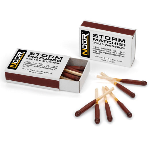 NDuR Storm Matches 2-pack boxes showing windproof waterproof matches for survival fire starting