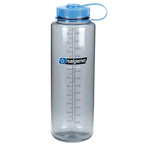 Nalgene 48oz Wide Mouth Silo gray water bottle with blue cap, wide opening design for tactical and outdoor use