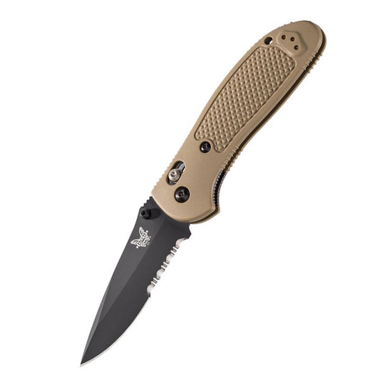 Benchmade 551SBKSN Griptilian folding knife with black serrated blade and tan nylon handle scales