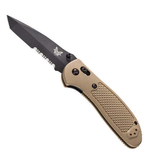 Benchmade Griptilian folding knife with black tanto blade, serrated edge, and tan nylon handle scales