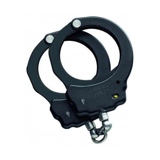 ASP black aluminum chain handcuffs with yellow tactical pawl and overmolded stainless steel construction