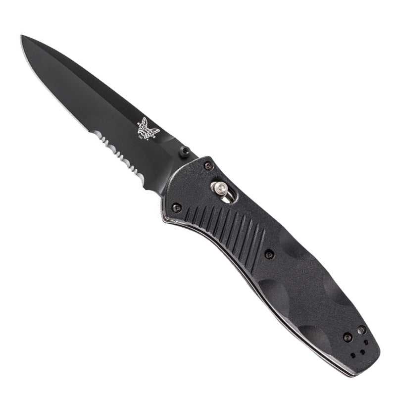 Benchmade Barrage 580SBK folding knife with black coated serrated blade and Valox handle showing AXIS-Assist mechanism