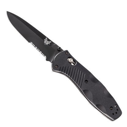 Benchmade Barrage 580SBK folding knife with black coated serrated blade and Valox handle showing AXIS-Assist mechanism