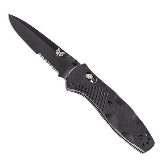 Benchmade Barrage 580SBK folding knife with black coated serrated blade and Valox handle showing AXIS-Assist mechanism
