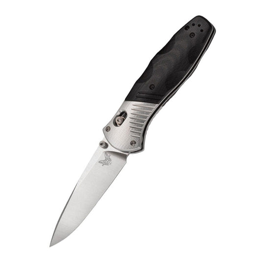 Benchmade Osborne Barrage folding knife with satin M390 blade and G10 aluminum handle showing drop-point blade design