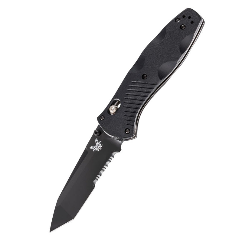 Benchmade Barrage folding knife with black tanto blade, serrated edge, and polymer handle with pocket clip