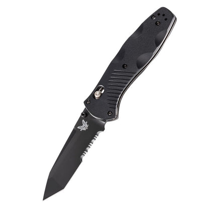 Benchmade Barrage folding knife with black tanto blade, serrated edge, and polymer handle with pocket clip