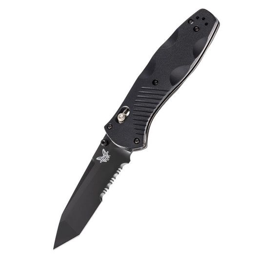 Benchmade Barrage folding knife with black tanto blade, serrated edge, and polymer handle with pocket clip
