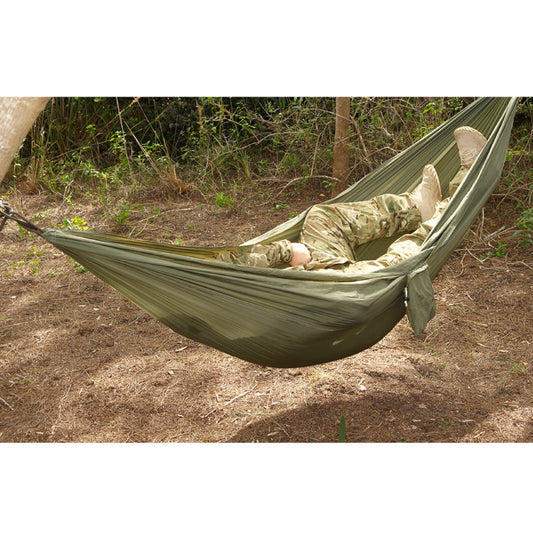 Snugpak Tropical Hammock in olive green parachute nylon with suspension system and carabiners