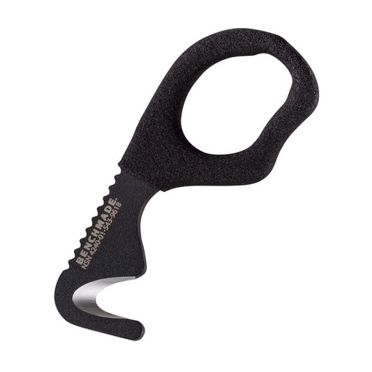 Benchmade 7 Hook Strap Cutter with black coated blade and MOLLE compatible pouch for emergency rescue operations