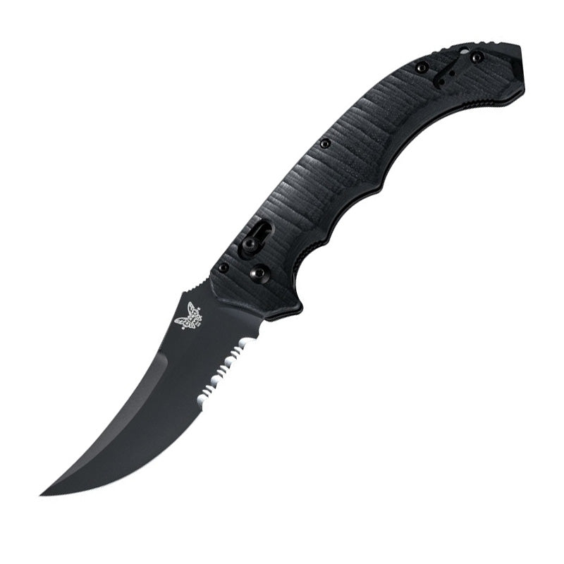Benchmade Bedlam Auto folding knife with black coated serrated blade and G10 handle scales