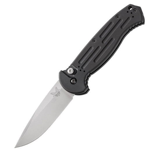 Benchmade AFO II automatic folding knife with satin finish blade and black aluminum handle showing MOLLE compatible clip