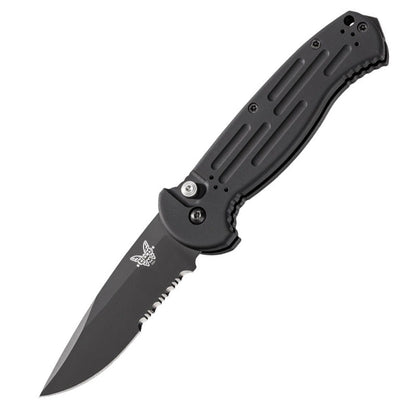 Benchmade AFO II automatic folding knife with black coated serrated blade and aluminum handle