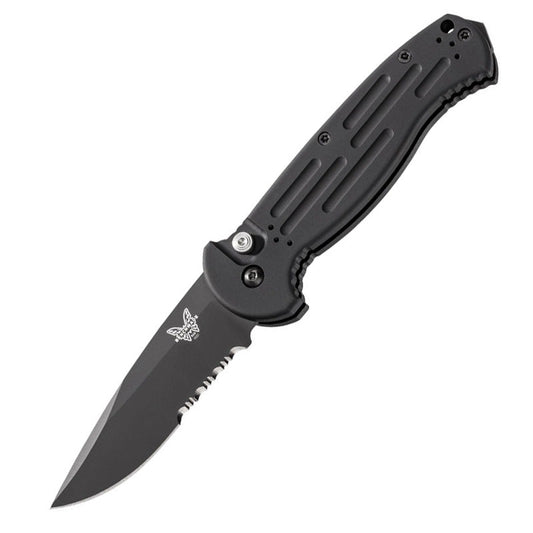Benchmade AFO II automatic folding knife with black coated serrated blade and aluminum handle