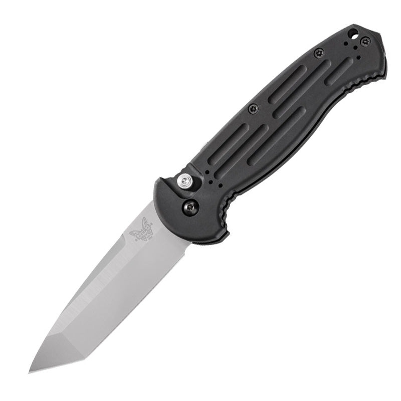 Benchmade AFO II automatic knife with satin tanto blade and black aluminum handle with MOLLE-compatible clip