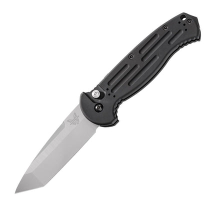 Benchmade AFO II automatic knife with satin tanto blade and black aluminum handle with MOLLE-compatible clip