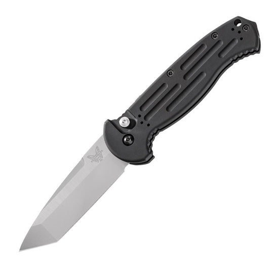 Benchmade AFO II automatic knife with satin tanto blade and black aluminum handle with MOLLE-compatible clip