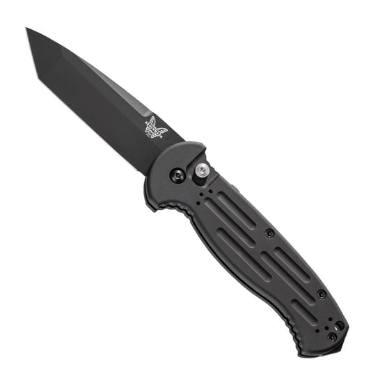 Benchmade AFO II automatic knife with black tanto blade and aluminum handle showing MOLLE compatible clip