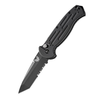 Benchmade AFO II automatic knife with black tanto blade and serrated edge, aluminum handle with MOLLE compatible clip