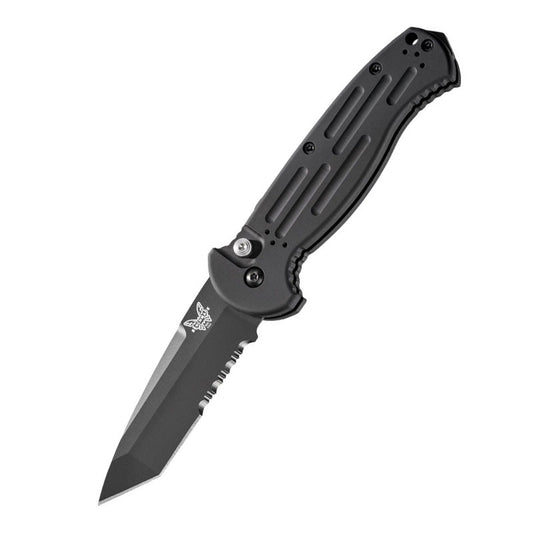 Benchmade AFO II automatic knife with black tanto blade and serrated edge, aluminum handle with MOLLE compatible clip