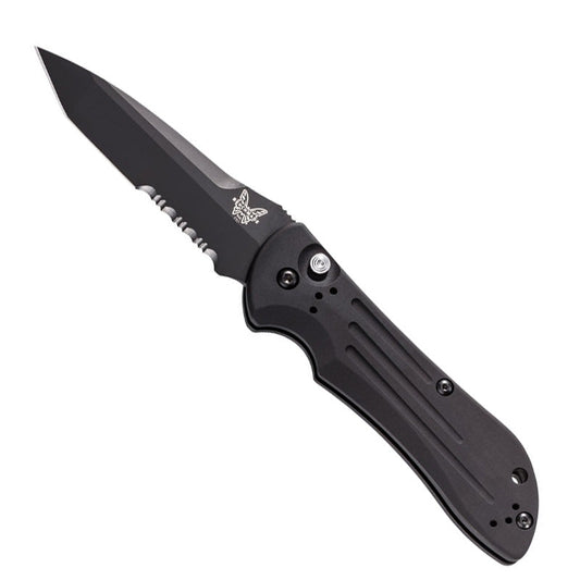 Benchmade Auto Stryker automatic folding knife with black tanto blade and serrated edge