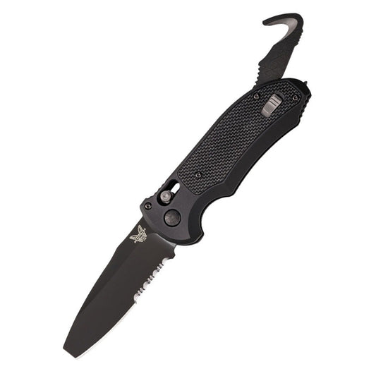 Benchmade Auto Triage automatic knife with black coated serrated blade, blunt tip design, and G10 aluminum handle