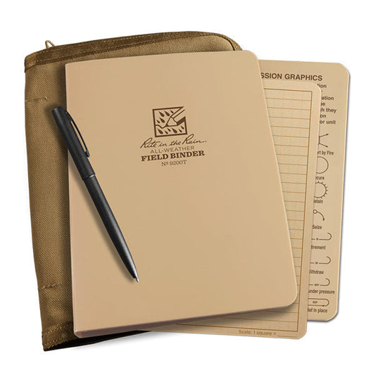 Rite in the Rain tactical ring binder kit with tan binder, CORDURA cover, pen, paper, and reference cards