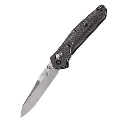 Benchmade 940-1 Osborne folding knife with satin S90V reverse tanto blade and black carbon fiber handle scales
