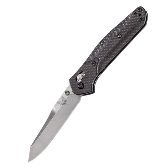 Benchmade 940-1 Osborne folding knife with satin S90V reverse tanto blade and black carbon fiber handle scales