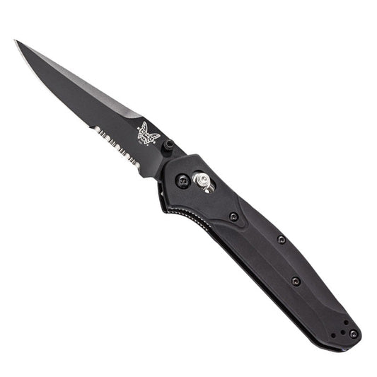 Benchmade 943SBK Osborne folding knife with black handle and serrated blade open showing clip-point design