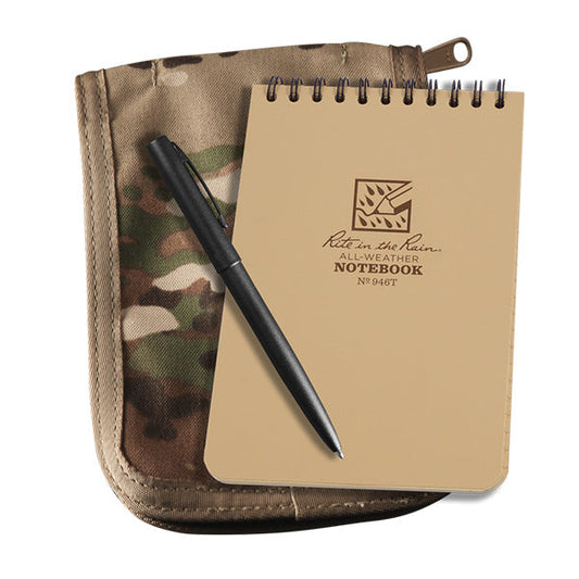 Rite in the Rain 4x6 tactical notebook kit with MultiCam CORDURA cover and all-weather pen for field documentation