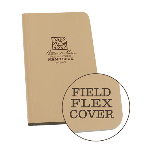 Rite in the Rain tan tactical memo book with Field-Flex cover showing compact military pocket size