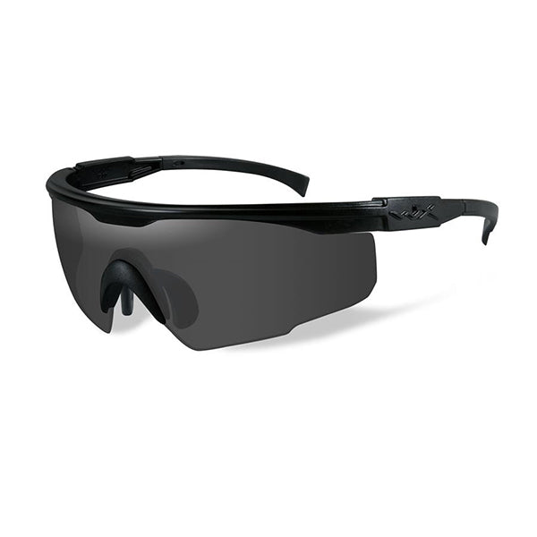 Wiley X PT-1 tactical sunglasses with matte black wraparound frame and smoke grey ballistic lenses