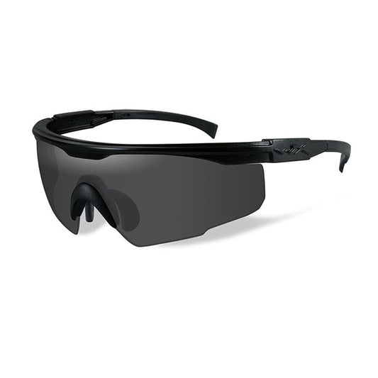 Wiley X PT-1 tactical sunglasses with matte black wraparound frame and smoke grey ballistic lenses