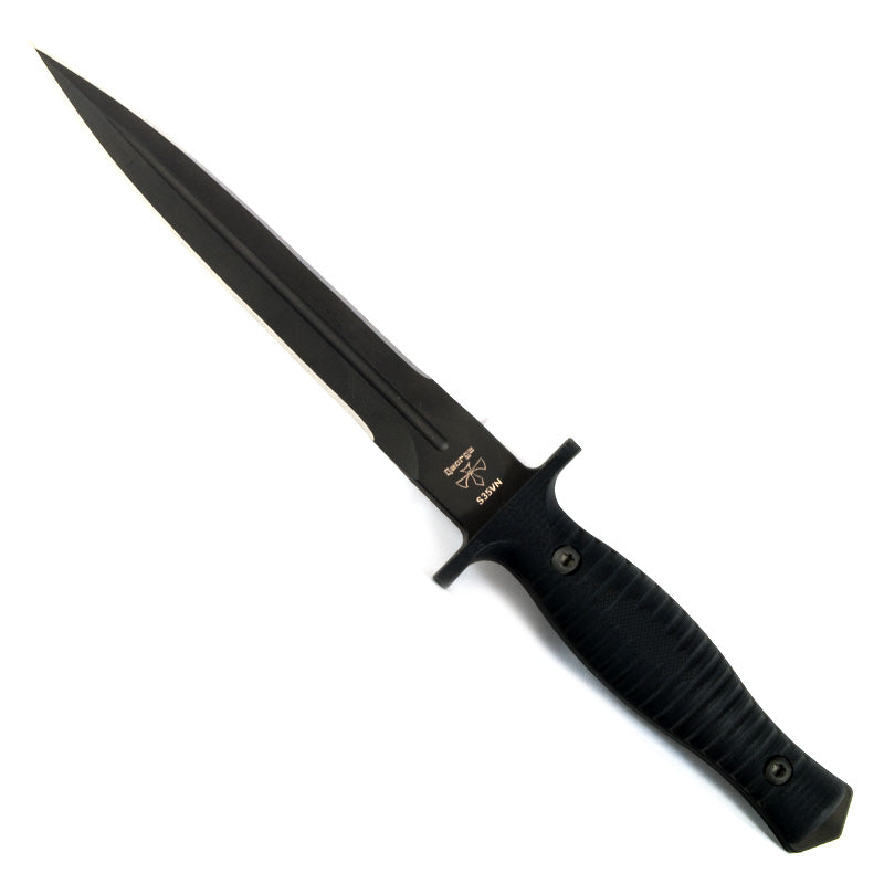 Spartan-George V-14 tactical dagger with black blade, black G10 handle, and black Kydex sheath on white background