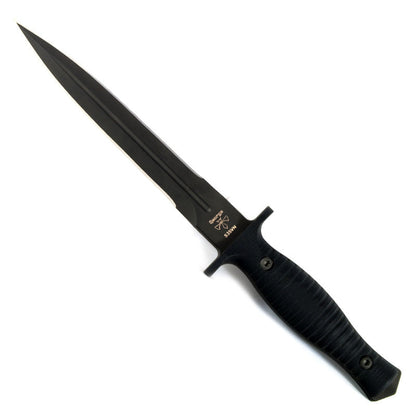 Spartan-George V-14 tactical dagger with black blade, black G10 handle, and black Kydex sheath on white background