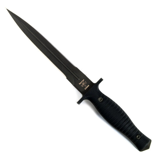 Spartan-George V-14 tactical dagger with black blade, black G10 handle, and black Kydex sheath on white background