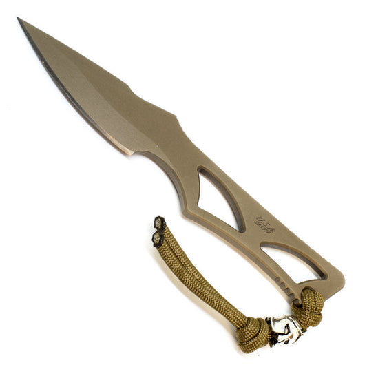Spartan Blades Enyo fixed blade knife with FDE coating and tan Kydex sheath showing drop point blade design