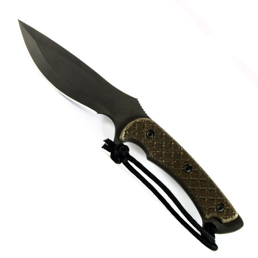 Spartan Blades Nyx combat utility knife with black coated blade, green Canvas Micarta handle, and black Kydex sheath