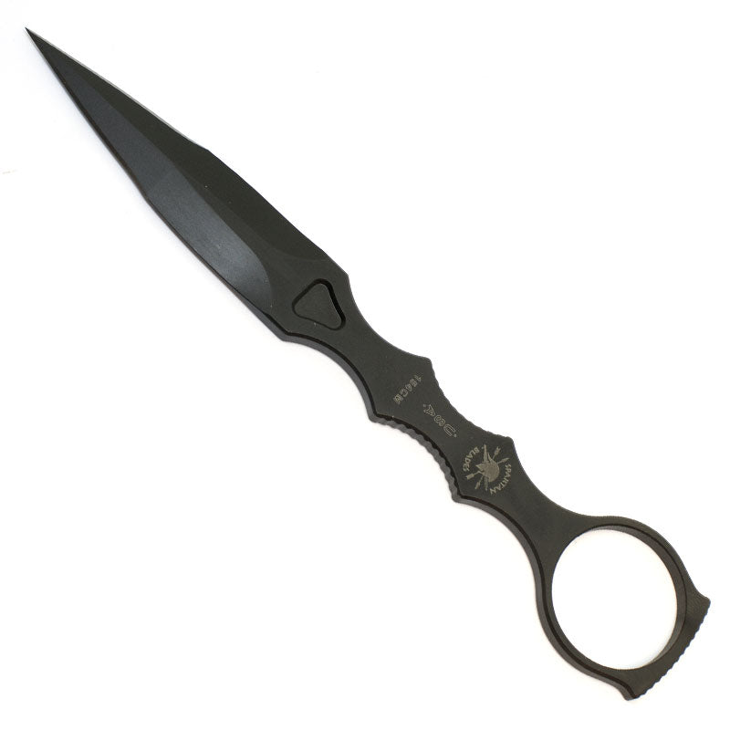 Spartan Blades CQB Tool black ring dagger with black Kydex sheath showing saber ground blade and finger ring