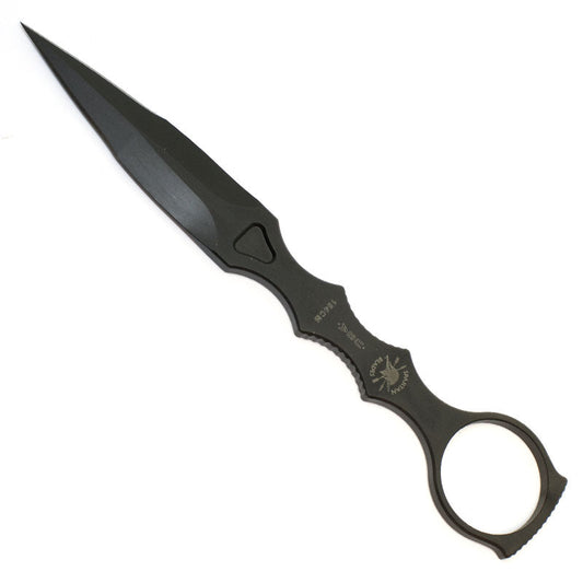 Spartan Blades CQB Tool black ring dagger with black Kydex sheath showing saber ground blade and finger ring